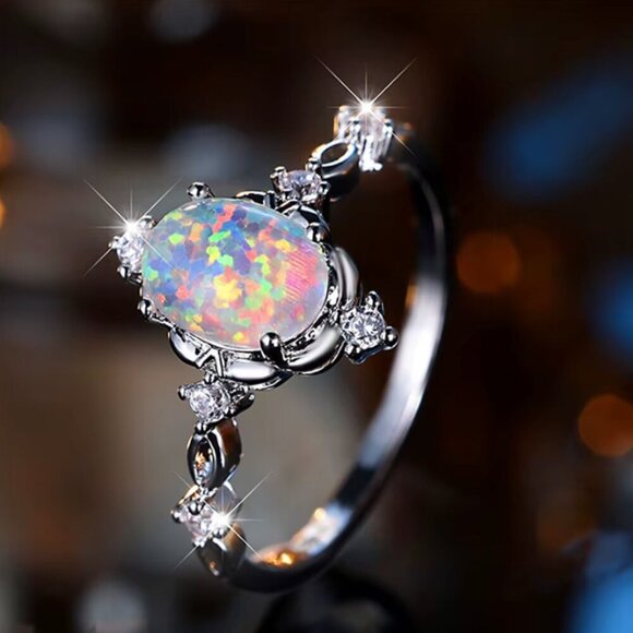 NEW 14k White Gold White Fire Opal Diamond Ring Band - Picture 5 of 6